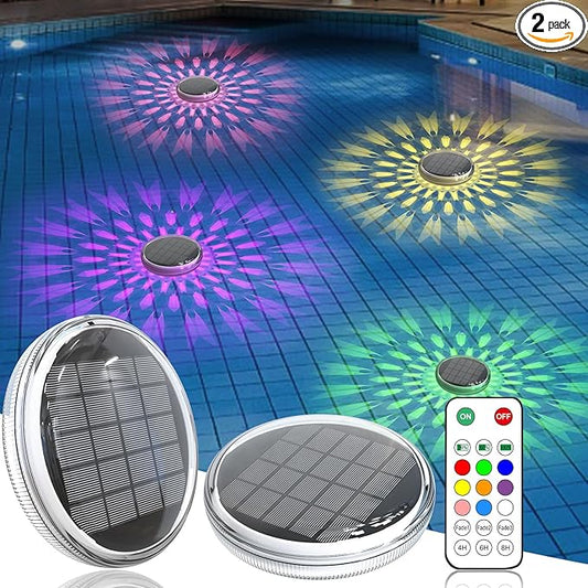 Solar Rechargeable Floating Pool Lights(2 Pack), Pool Lights That Float with Remote Control, 9 Lighting, Timing Mode, IPX7 Waterproof for Inground Pool, Bathroom, Bathtub, Pool Party