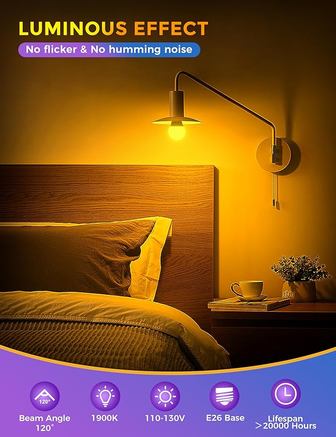 JandCase Sleep Light Bulb, Dimmable Amber Light Bulbs for Sleep, Blue Light Blocking, 1900K Dim Light Bulbs 60W Equivalent, Adjustable Brightness, E26 A19 Warm Bulb for Bedroom Nursery, 2 Pack