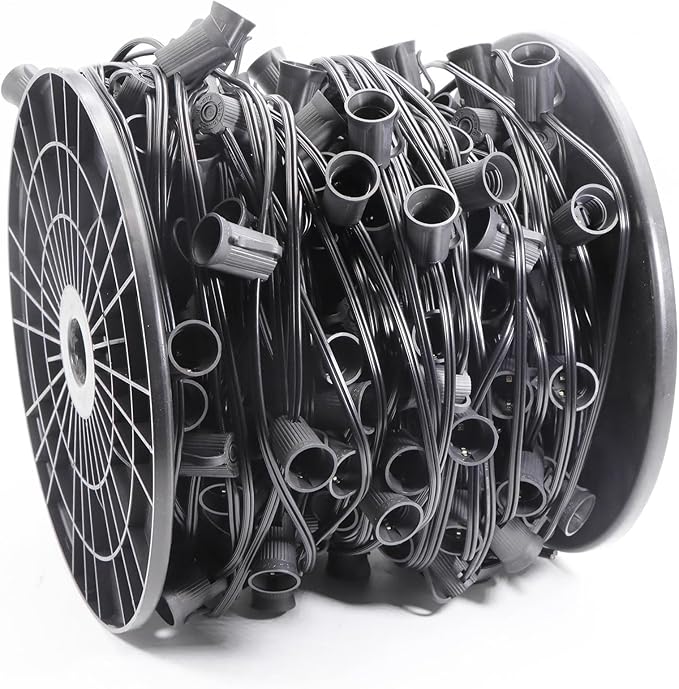 250FT C9 Outdoor String Light Stringer, E17 Socket 12" Spacing, C9 Christmas Stringer Set Spool Black Light String for Wedding Patio Event Lighting Decor, Black Wire