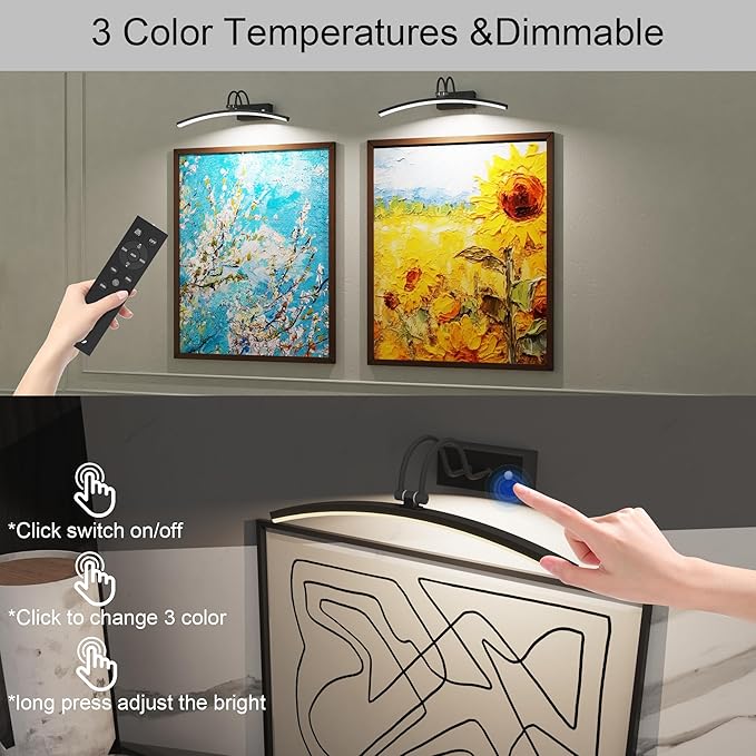 PAIHOME Lights for Pictures on Wall, Rechargeable Magnetic Picture Light with Smart Motion Sensor, Remote Dimmable & Timer, ‌16in Wireless Black Art Lighting for Paintings Gallery Portraits