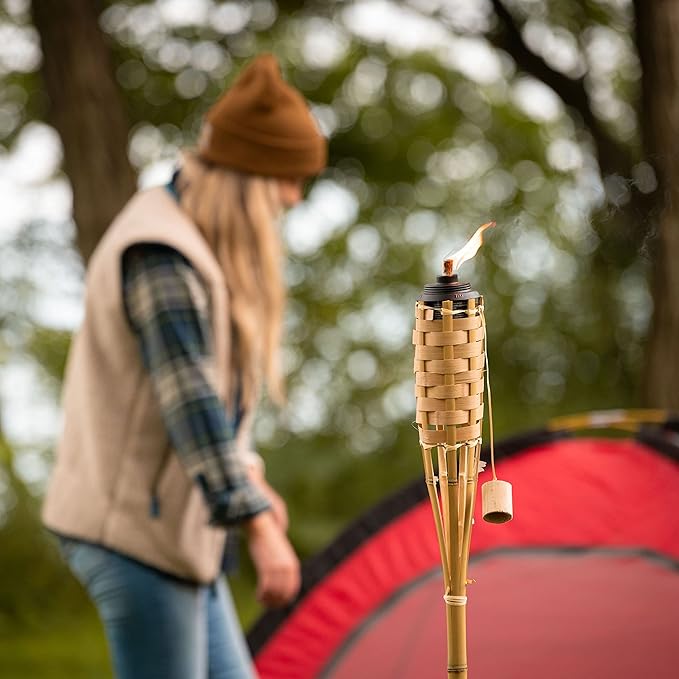 TIKI Bamboo Tiki Torches 4-Pack – Weather-Resistant Outdoor Décor with Easy-Pour Wide-Mouth Canister Refill for Patio, Garden, Backyard, and Parties, 57-Inch Citronella Torches