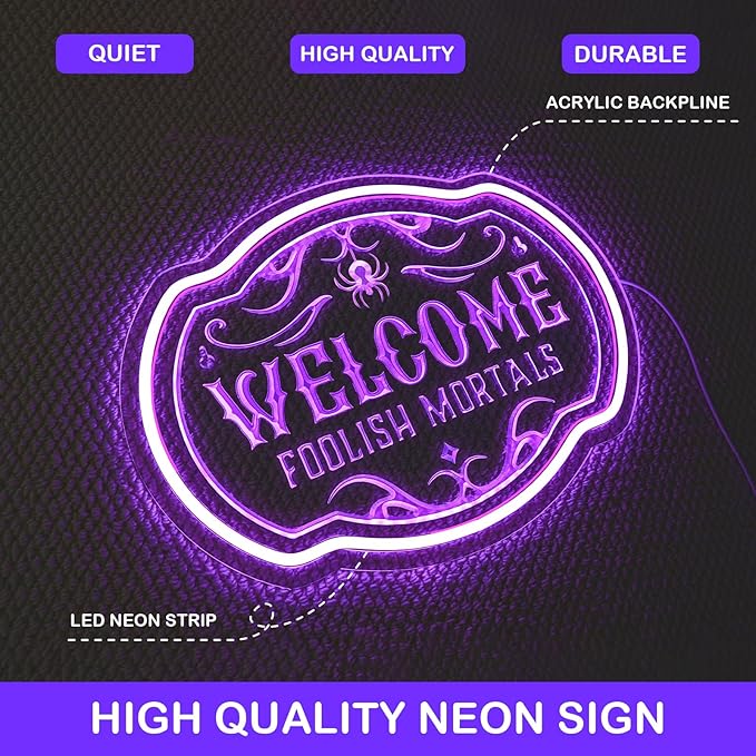 Horseneon Welcome Foolish Mortals Christmas Neon Sign Haunted Mansion LED Wall Decor for Door Mab Cave Light Horror Movie Parties & Themed Bars Spooky Effect Christmas Gifts