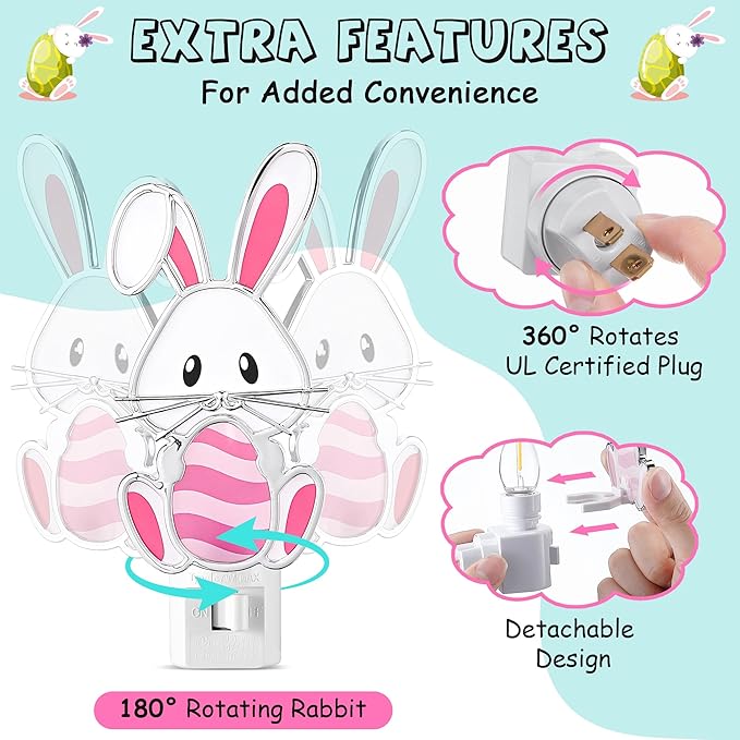 Easter Bunny Night Light Plug Into Wall, Resin Bunny Egg Light Decoration with C7 LED Bulb, Decorative Holiday & Valentine Night Lights for Bedroom Bathroom Living Room