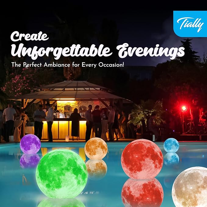 TIALLY Floating Pool Lights Solar Powered - 16" Full Moon Inflatable Light Up Pool Balls, Solar Globes That Float for Outdoor Decor, Glow in The Dark Party Decorations - Great Holiday Gifts (2 Pack)