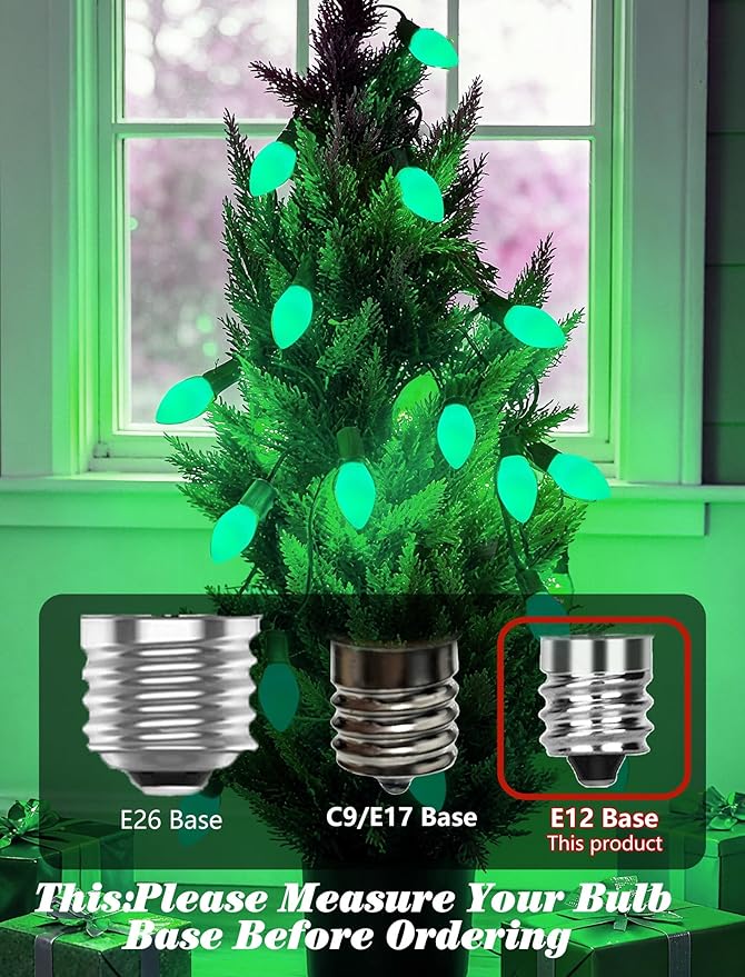 25 Pack C7 Green Christmas Replacement Bulbs C7 5W Green Vintage Ceramic Light Bulbs for Christmas Night Light Candle Lamp St. Patrick's Day Decor,E12 Candelabra Base
