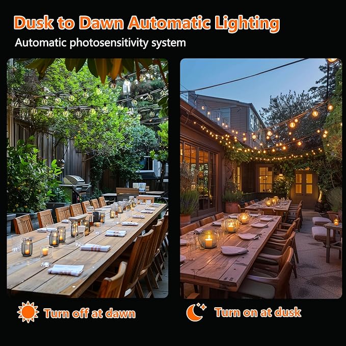 Kawaya Outdoor String Lights, LED Patio Light, Shatterproof Edison Globe Bulbs - IP65 Waterproof Dimmable Hanging Lights (Solar 31FT(15 Bulbs))