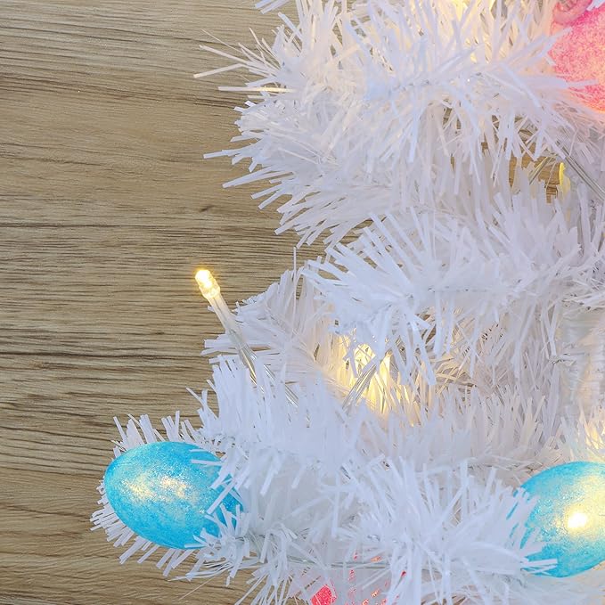 Dynaming Easter Table Decorations, 23 Inch Lighted Easter Bunny White Tree, Pre-lit Artificial Tabletop Tree with Bunny Ears and Eggs, Battery Operated Light Up for Indoor Spring Home Bedroom Decor