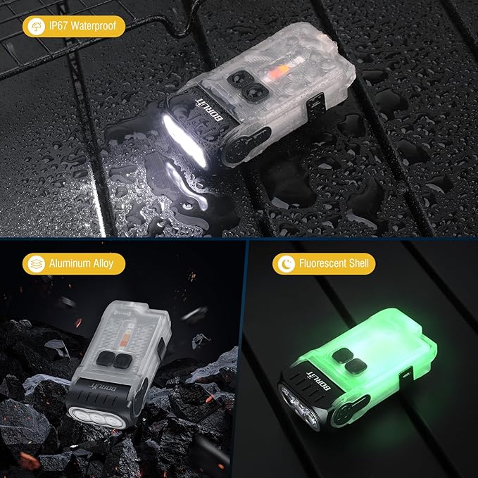 BORUIT V15 LED Small Powerful EDC Flashlight with Warm White Red Light,Bright 1200LM USB C Rechargeable 10 Modes Mini Pocket Keychain Flash Light with Clip,IP67 Waterproof,80°Head Swivels,Tail Magnet