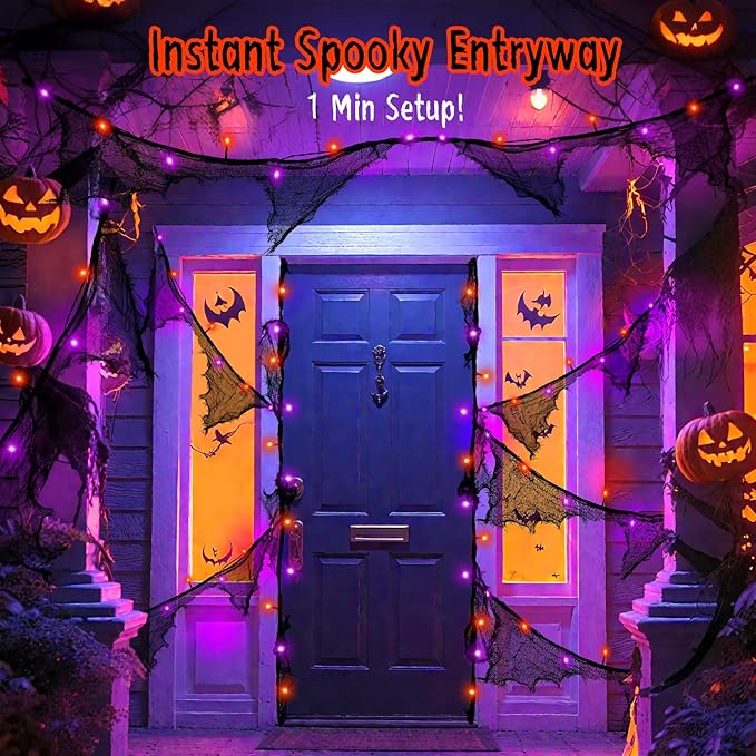 Halloween Lights Battery Operated or USB, Creepy Cloth String Lights with Timer Waterproof 9.8ft 30LED Orange and Purple String Lights Halloween Decortions for Fireplace Window Door Mirror