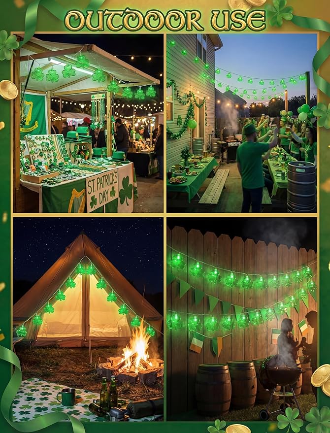 Outdoor St. Patrick's Day String Lights, 8.5Ft St. Patrick Decoration Lights with 10 Clover Lights, Plug in Shamrocks Lights Indoor for Garden Bedroom Birthday, Green Clover Decor