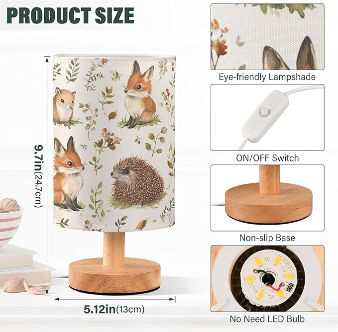 Watercolor Fox Hedgehog Woodland Floral Leaf Table Lamp with Wood Base Fabric Lamp Shade Bedside Nightstand Desk Lamp for Living Room Bedroom Kids Room Office
