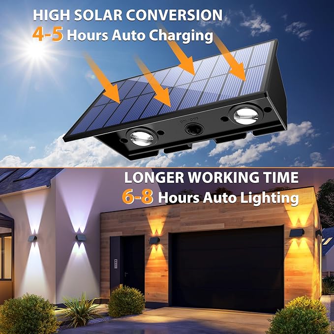 Solar Fence Lights, 2PACK Solar Wall Lights Outdoor Up and Down Waterproof IP54 Solar Light Outdoors for Yard Garden Pools House Deck Porch (Warm White & Natural Light & Cool White)