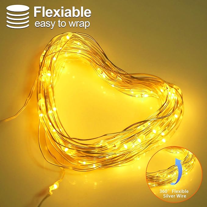 YAOZHOU Christmas Decorations Warm White Fairy String Lights, Battery Operated with Timer, 2 Pack Total 33FT 100 Led Mini Battery Powered Mason Jar Waterproof Firefly Lights DIY Party