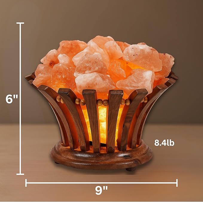 Himalayan Salt Lamp Basket – Salt Lamp with Wooden Bowl – Authentic Himalayan Crystal Night Light – Natural Pink Rock for Bedroom, Living Room, Office and Decor Gift