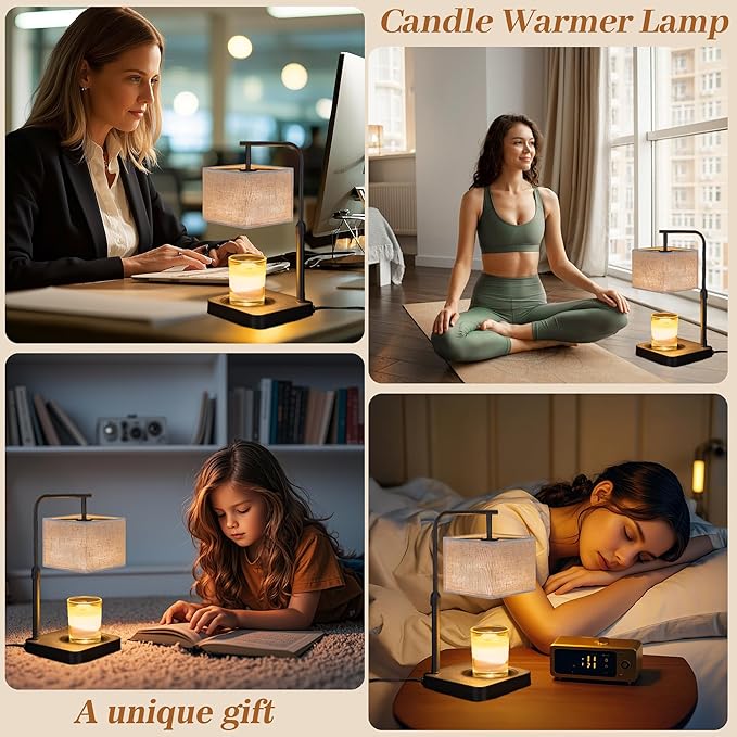 Candle Warmer Lamp with Timer & Dimmable, Height Adjustable Wax Warmer with Linen Shade & 2 Extra Bulbs, Flameless Candle Melter for Jar Candles, Gifts & Bedroom Decor