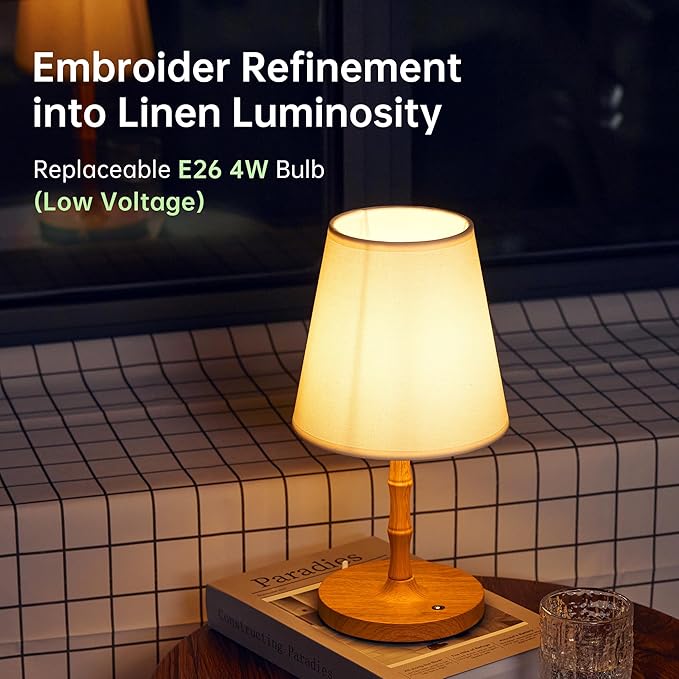 Table Lamp Bedside Desk Lamp,Cordless Rechargeable Battery Operated Lamps for Bedroom Night Stands,3 Colors Touch Dimmable Small Table Kitchen Lamps for Living Room,4000mAh LED (Fabric Shade)