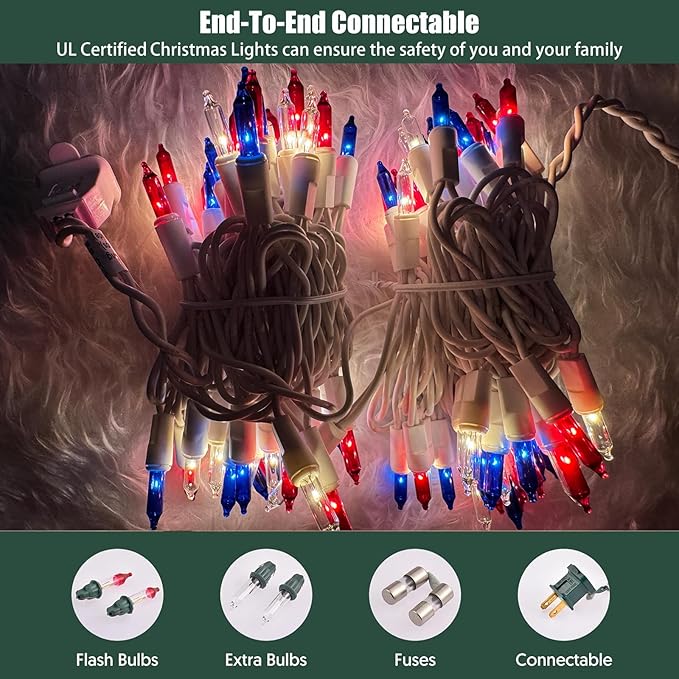 HISHINY Red White Blue 4th of July Patriotic Decorations Lights 100 Count Mini String Lights with White Wire for Outdoor Indoor Christmas,Holiday,Party, Independence Day Decor,UL Certified (21feet)
