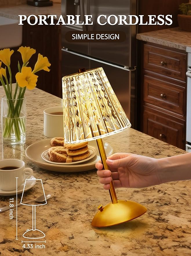 Valentines Gifts, Cordless Lamp, Crystal+Dimmable+3 Colors Rechargeable Lamp, Touch+2000mAh Battery Operated Vintage Ambient Light for Kitchen/Bedroom/Bathroom Shower, College Gifts for Teenage Girls
