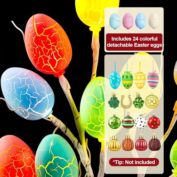 Easter Decorations - 2 FT Artificial Birch Tree with 24 Warm Led Light Colorful Eggs - Easter Tree Decor for Office Home Bedroom Table Mantel, USB or Battery Powered