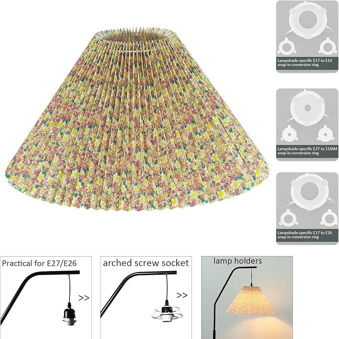 Pleated Lamp Shade for Arc/Arched Table Lamp/Floor Lamps Replacement spider lampshade-Pink Flowers 5.9"Top X 16.5"Bottom X 11"High- Pink Flowers