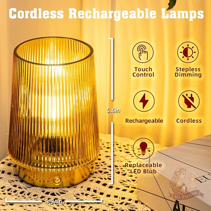 MJ PREMIER Cordless Lamps Rechargeable Glass Table Lamp Portable Dimmable Brightness Touch Battery Operated Lamp Cordless Beside Touch Lamp for Bedroom Kitchen Dining Bathroom Rechargeable Yellow
