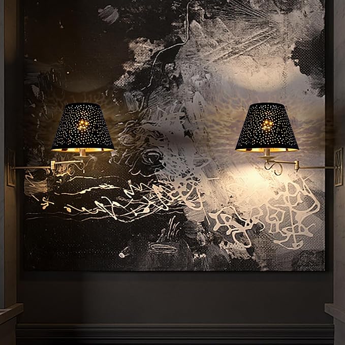 GOSO Set of 2 Small Black Drum Lamp Shades,5" × 9" × 6.4 Inch (Spider),Laser Drilling Design Lamp Shades for Table Lamps,Wall-Mounted Fixtures,Fabric Replacement Shades,No Assembly Required