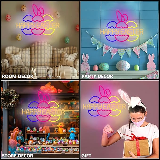 Happy Easter Neon Signs for Wall Decor, Easter Bunny Ears and Eggs Decorations Gifts, USB Dimmable LED Neon Lights Sign Party Decor for Bedroom Window Door Yard Bar Classroom Church