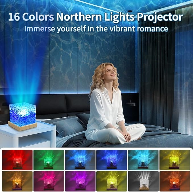 Ocean Wave Projector Light, Luminorth Cube 16-Color Dynamic Water Ripple Mood Light with Northern Aurora Projection for Ceiling, Dimmable Ambient Night Light, Romantic Bedroom Decor and for Teens