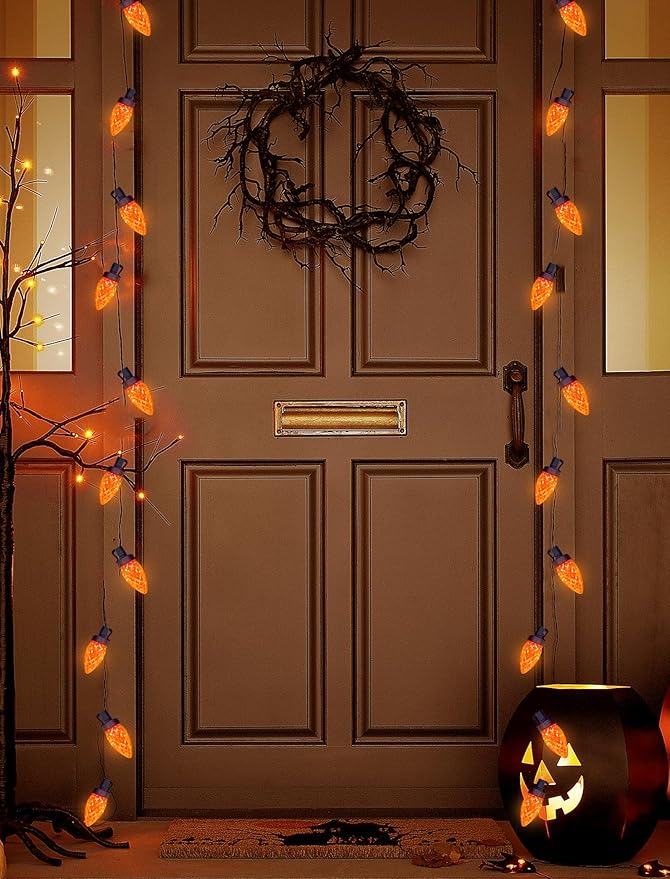 Orange Halloween String Lights Outdoor, 26Ft Halloween Decorations Lights with 50 C7 LED Strawberry Orange Bulbs, Hanging Outdoor Patio Light for Outside Roofline Fall House Window Holiday Party Decor