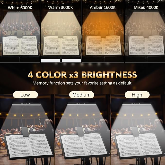 4 Pack Rechargeable Music Stand Lights - Eye Caring 47 LED Clip on Piano Lights, 4 Color & 3 Brightness, USB-C, up to 110 Hrs Runtime, Portable Lamp for Musician, Grand/Upright Piano, Reading