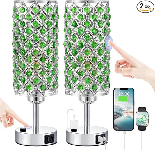 Hong-in Green Crystal Lamp Touch Control Set of 2, Crystal Table Lamps with USB C+A Ports & AC Outlet, 3-Way Dimmable Nightstand Touch Lamp, Modern Bedside Table Lamp for Bedroom(Bulbs Included)