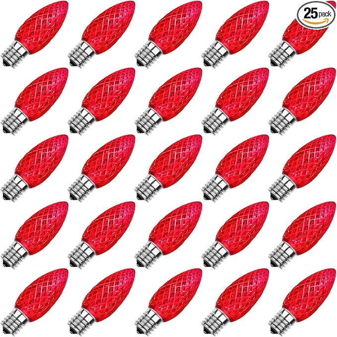Meconard C9 Led Replacement Christmas Light Bulbs, C9 Shatterproof Led Bulbs for Christmas Indoor Outdoor String Lights, E17 Intermediate Base, Commercial Grade Holiday Bulbs, Red, 25Pack