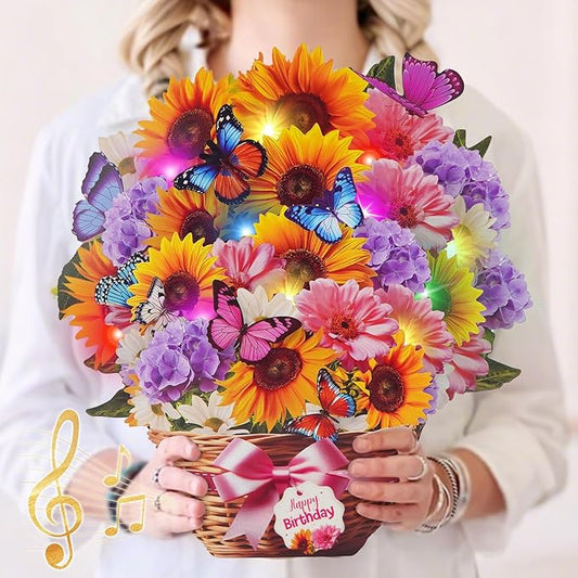 Birthday Cards with MUSIC & LIGHTS, Pop Up Happy Birthday Card, Sunflower & Butterfly, 10 Inch Life Sized Forever Flower Bouquet Gifts for Women Mom Grandma