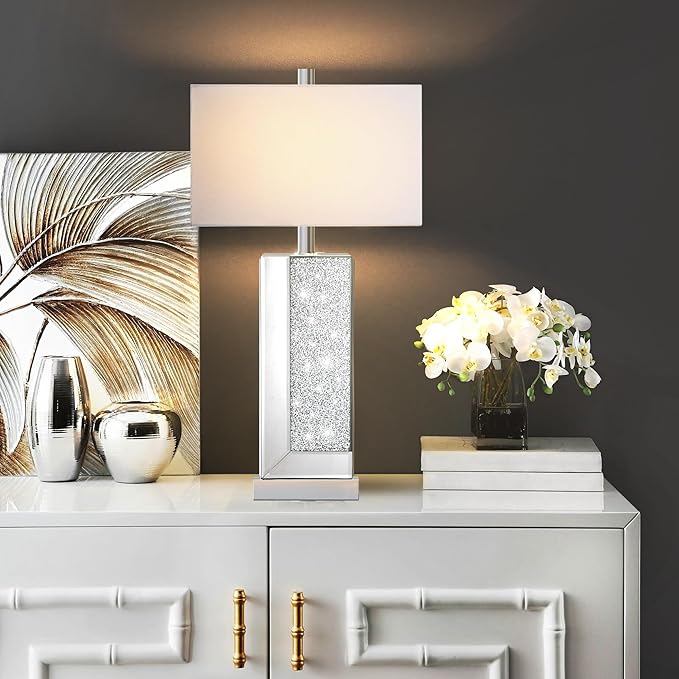 PARTPHONER Modern Mirror Table Lamp Set of 2 - Touch Control 3-Way Dimmable Bedside Lamps with USB-C/A Ports, Silver Diamond Crystal Accent & White Fabric Shade for Bedroom, Living Room, Nightstand