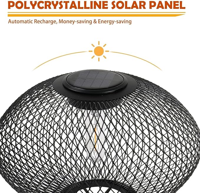 Solar Yard Set of 2 Outdoor Table Lamps with Metal Wire Shades & LED Lights, 8" Solar-Powered Modern Table Lights for Yard, Porch, Garden, or Pathway