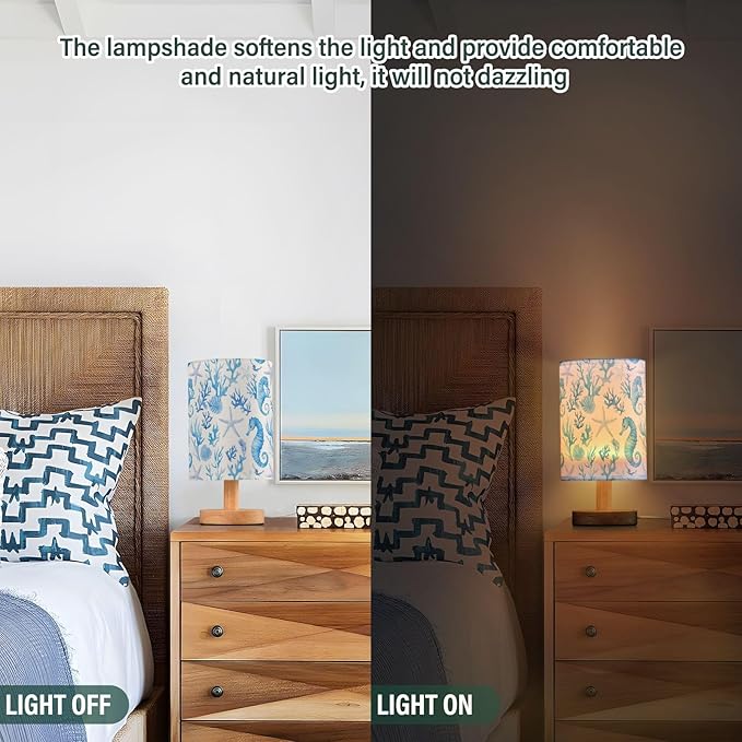 Nautical Seahorses Starfish Coral Blue Bedside Table Lamps with USB Port for Bedroom LampSmall Nightstand Lamp Sturdy Linen Shade Wooden Base Decorative Lamps for Nursery Kids Reading Dorm Home