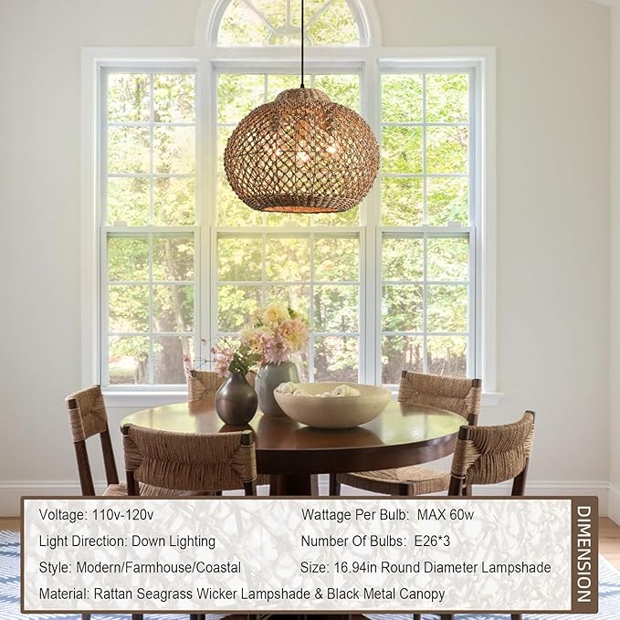 16.94" Rattan Pendant Light Fixture, 3-Light Woven Wicker Seagrass Hanging Lighting Boho Coasta Rattan Chandelier of Kitchen Island Farmhouse Dining Room Entryway Foyer