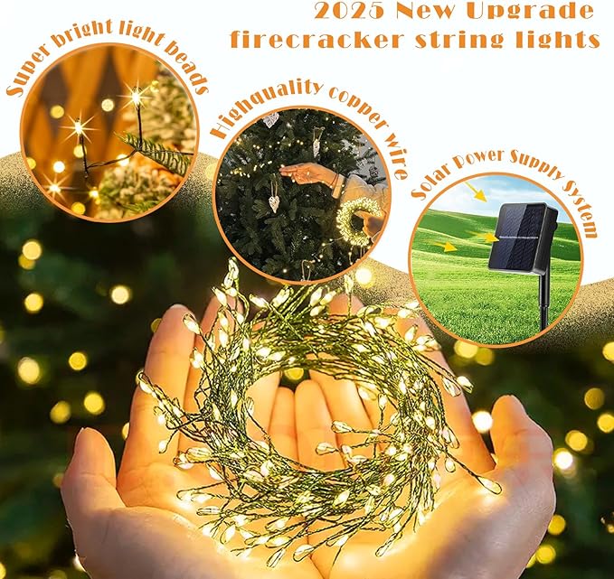 ITICdecor Solar Powered String Lights Outdoor 9.8FT 120 LED Waterproof Firecracker Fairy Lights with 8 Modes Green Copper Wire for Christmas Garden Wedding Patio Garden Yard Decor