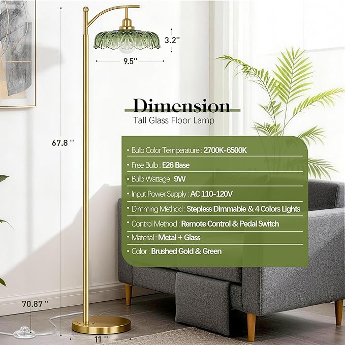 Gold Floor Lamp for Living Room, Dimmable Mid Century Modern Standing Lamp with Remote Control and Green Glass Shade, 68" Tall Lamp for Bedroom, Vintage Retro Antique Glass Flower Lamp, Brushed Gold