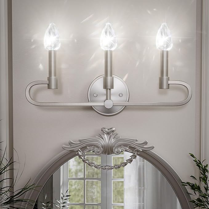 Farmhouse and Modern Bathroom Lighting Fixtures Over Mirror, 3 Light Brushed Nickel Bathroom Vanity Lights, Crystal Bathrooms Wall Sconces(Includes Bulb)