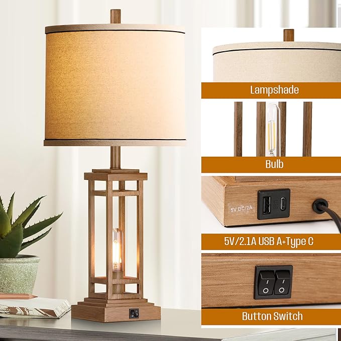 ROTTOGOON 27.5 Tall Farmhouse Table Lamp with USB C + USB A Charge Ports, Rustic Living Room Lamp, Black Industrial End Table Lamp for Bedroom Living Room Nightstand (Wood)