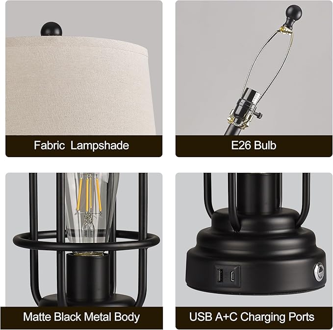 Table Lamp Set of 2 with USB Ports, 28" Tall Farmhouse Table Lamp with 2 Nightlight Bulbs,Touch Control Table Lamps for Bedroom, Rustic Bedside Lamp for End Tables,Bulbs Included,Black
