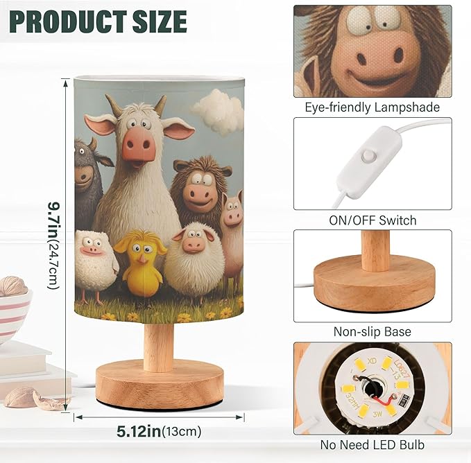 Cute Farm Animal in Floral Grass Table Lamp with Wood Base Fabric Lamp Shade Bedside Nightstand Desk Lamp for Living Room Bedroom Kids Room Office