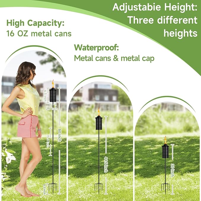 ZSZMFH Upgraded Citronella Torches for Outside Set of 6, 16 Oz Outdoor Garden Torches with 5-Prong Grounded Stake, 60 Inch Metal Torch for Garden Décor, Backyard, Patio, Pathway, Party