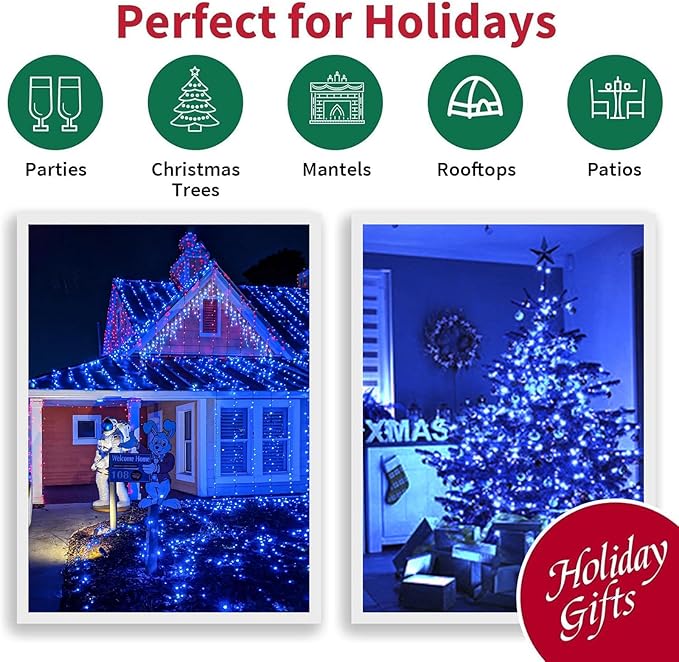 LAMPHOME 165ft Christmas Decorative Mini Lights, 500 LED Transparent Wire Fairy Starry String Light Plug in, 16Lighting Modes for Indoor Outdoor Xmas Tree Wedding Party Decoration (Blue)
