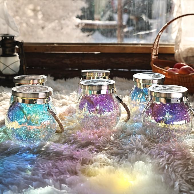 Cooo Christmas Gifts 4 Pack Solar Lanterns Waterproof Outdoor Iridescent Heavy Crackle Glass a Big LED Stainless Steel Lid 215% Solar for Women Mom Grandma Outdoor Table Lamps Garden Backyard Decor