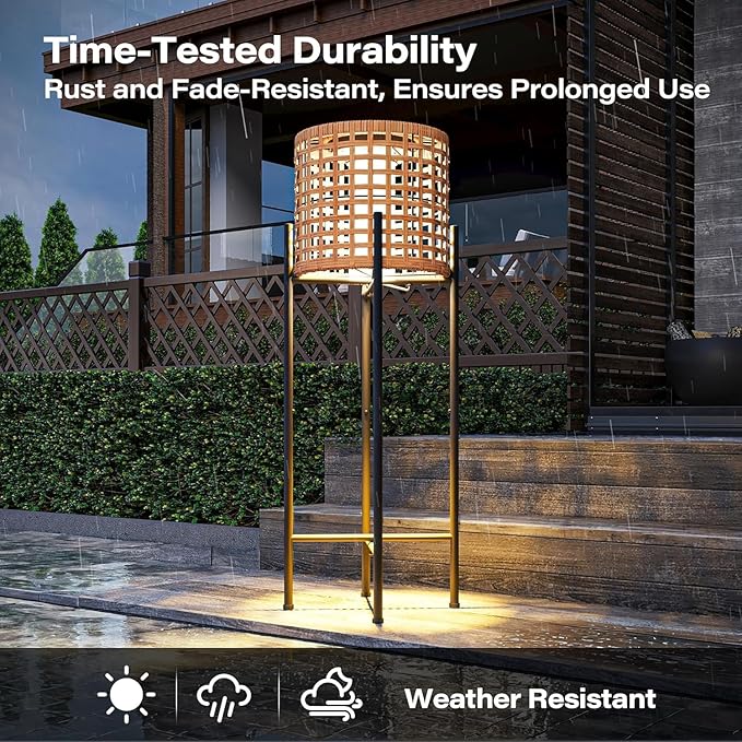 LAUSAINT HOME Solar Powered Outdoor Floor Lamp with Auto On/Off LED Light, Waterproof Wicker Patio Floor Lights, Boho Rattan Floor Lantern (1 Floor Lamp & 2 Desk Lamp)