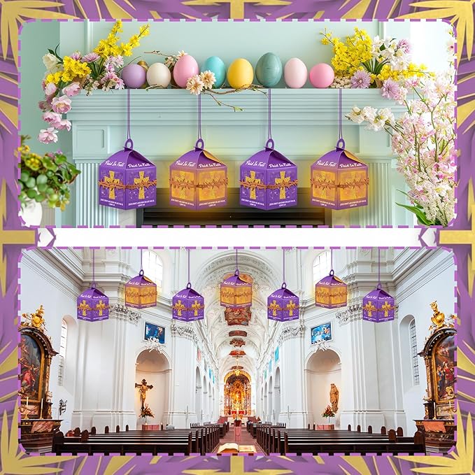12 Sets Religious Easter Crafts Bulk Christian Cross Lanterns Crafts with LED Lights Glitter Cross Tissue Paper Lanterns for Easter Church VBS Sunday School Classroom Activities