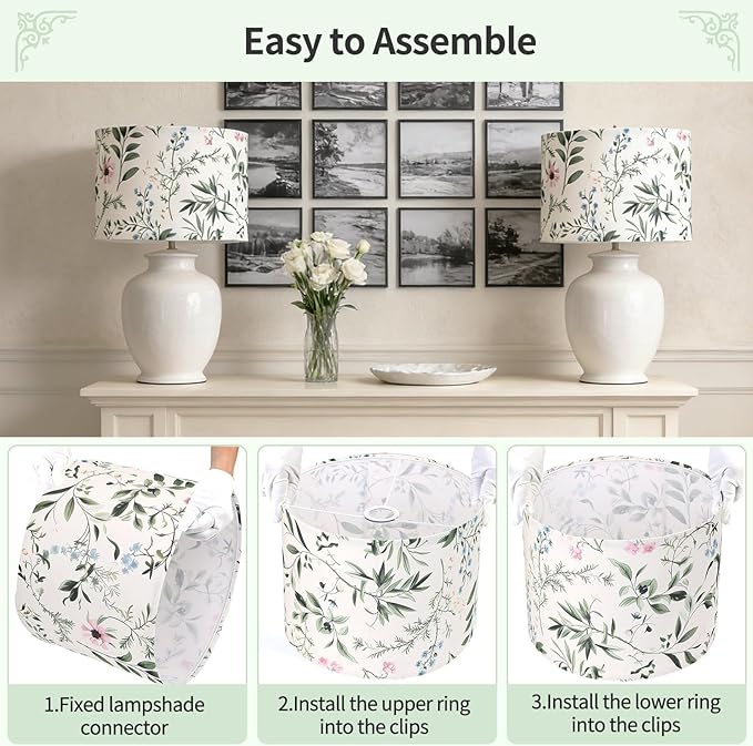 Fabric Lamp Shade, Floral&Plants Print Lamp Shades, 13" x 13" x 10" Lampshade, Lamps shades fit with Spider, Modern Farmhouse Lamp Shades for Floor Lamps,Table Lamps (1 Pack/Easy Assembly)