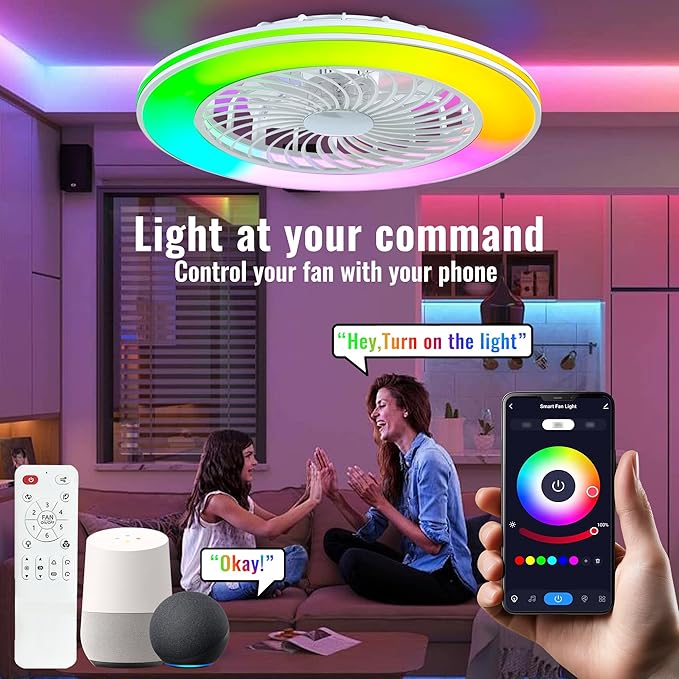 24'' Low Profile Bladeless Ceiling Fans with Lights, Remote/APP/Alexa Smart Control, RGBW Dimmable, Flush Mount Ceiling Fan with 6-Speed Reversible for Bedroom Living Room Kid's Room